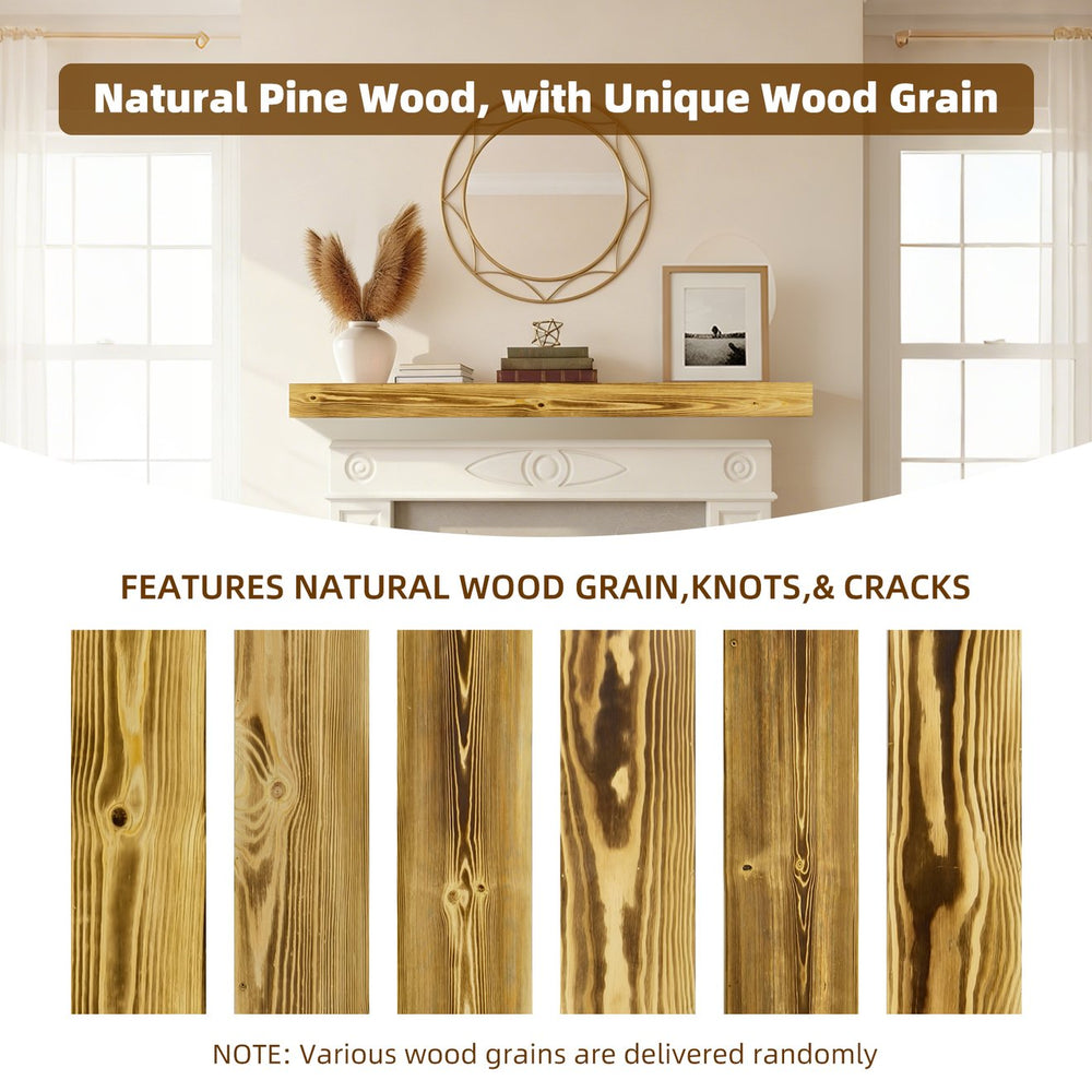 English Elm 60" Solid Pine Floating Mantel Shelf with Concealed Brackets for Rustic Living Rooms Natural Wood+Brown W3204P429120