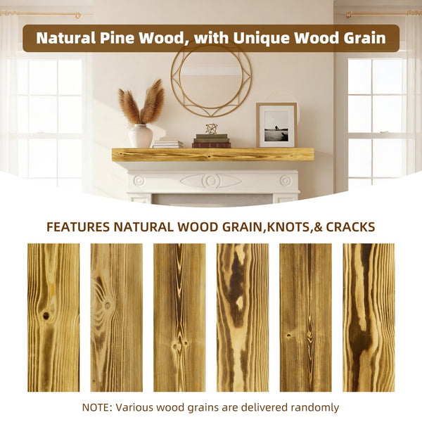 English Elm 60" Solid Pine Floating Mantel Shelf with Concealed Brackets for Rustic Living Rooms Natural Wood+Brown W3204P429120