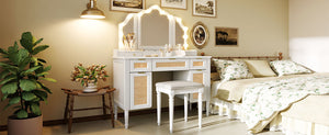 English Elm 44.37 Inch Hollywood Led Vanity Desk Tri-fold Mirror Bamboo Drawers Bedroom White N704P342558K
