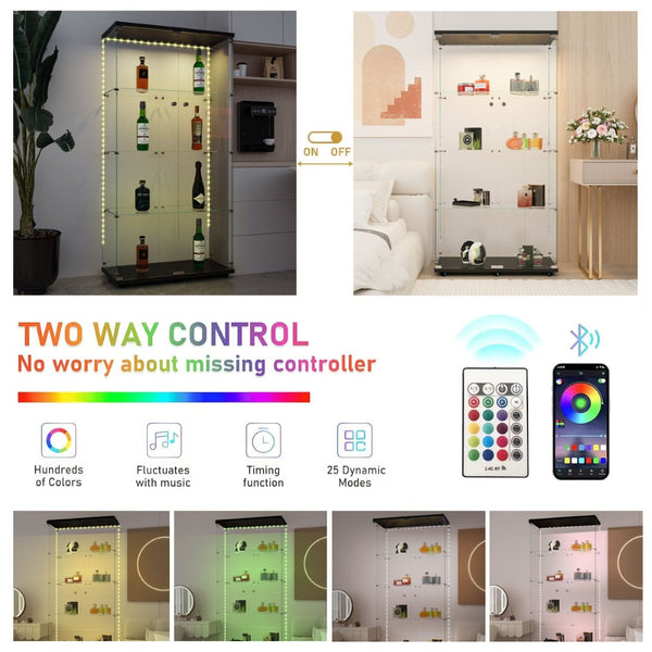 English Elm Tempered Glass Display Cabinet With Bluetooth Led Light Strip, Lockable, Mobile & Stylish For Any Room W3155S00005-GIGA