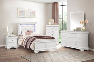 English Elm Glam Queen Bed with Faux Alligator Embossed Panels, Crystal-Tufted LED Backlit Headboard, Luxe Appeal White 49 L x 33 W x 9 H B011S02037