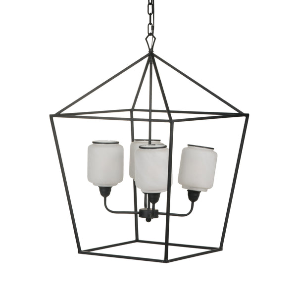 English Elm 21.7x21.7x33.5 Matte Black Iron Chandelier Square Glass Industrial Dining Foyer Light W2078P411228