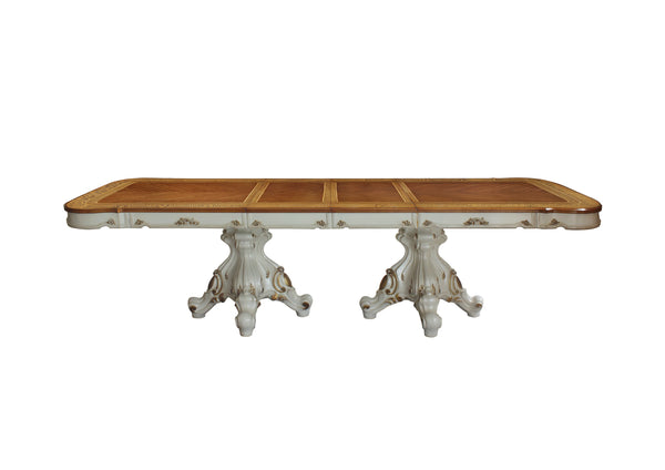 English Elm Dining Rectangular Double Pedestal Table Top with Removable Leaf, Antique White/Cherry Parquet Veneer Finish, Ornate PolyResin Trim B2726P373705