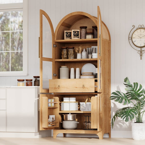 English Elm K&K Arched 71" Kitchen Pantry Cabinet with Glass Doors, Brass Handles, Adjustable Shelves & Drawer Natural N707P288969Y