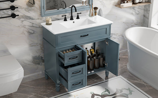 English Elm 36" Modern Bathroom Vanity with Ceramic Sink, Solid Wood + MDF Frame, Sleek Freestanding Design Blue N725P195410C