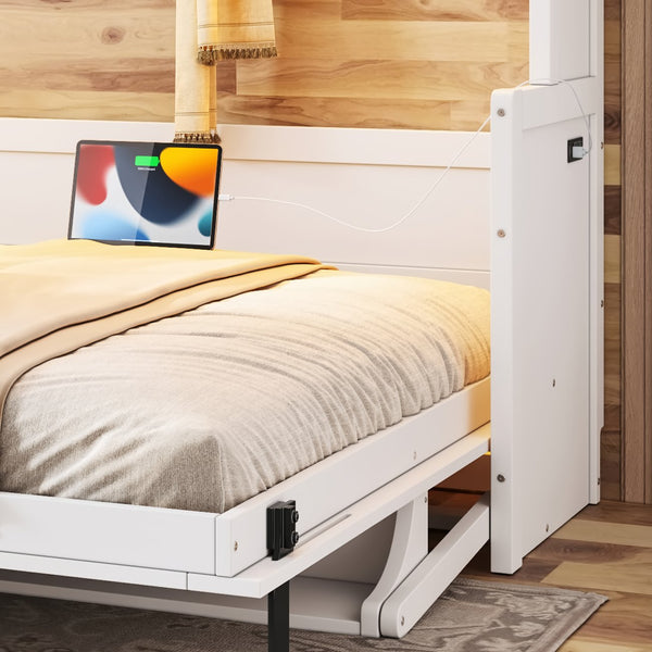 English Elm Queen Murphy Bed with Fold Down Desk Led Lighting and Usb Port for Home Office White W1580S00456