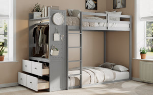English Elm Twin Bunk Bed with Storage Drawers Hanging Rail Led Shelves and Pegboard Organizer Gray LT000282AAE