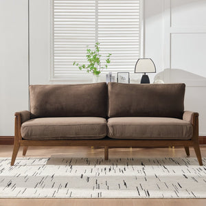 English Elm Mid-century Modern Boucle Upholstered Three Seat Sofa with Walnut Finish Wood Legs Dark Brown N773P411407D