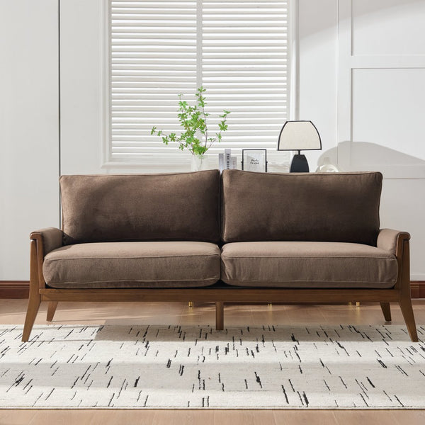 English Elm Mid-century Modern Boucle Upholstered Three Seat Sofa with Walnut Finish Wood Legs Dark Brown N773P411407D