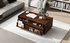 English Elm U-Can Stylish Rectangle Coffee Table With 4 Drawers & 2 Shelves, Elegant Fluted Design For Living Room N724P286421D-GIGA