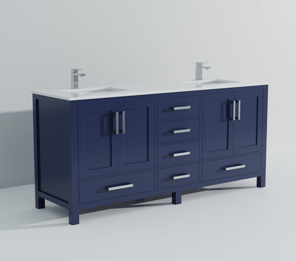 English Elm Navy Blue Double Bath Vanity 72" Wide With White Quartz Top, Faucet Set & Ample Storage Solutions B2731P259115