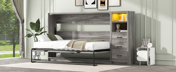 English Elm Twin Murphy Bed with Drawers & LED Light — Space-Saving Gray Cabinet Bed, Solid MDF/Pine, 800lb Capacity N709P002049D