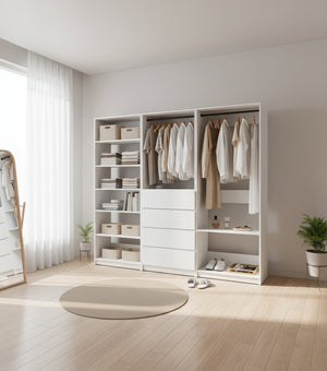 English Elm Prosper White Freestanding Walk-In Wood Closet System – Modular Melamine Oak Finish, Durable Storage Craftsmanship B040S00149
