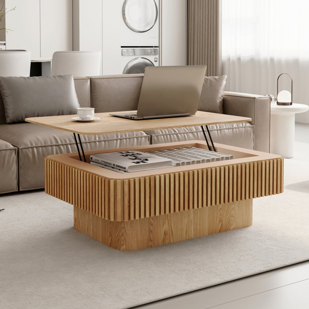 English Elm 38.6'' Fluted Lift-top Coffee Table with Hidden Storage Adjustable Modern Matte Surface Natural Wood W1435P293218