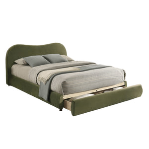 English Elm Olive Curved Upholstered Queen Bed with Built-In Footboard Drawer, Solid Wood Frame, Luxurious Velvet Finish Olive Green 32 L x 21 W x 15 H B2741S00716