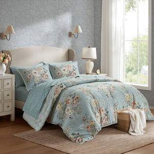 English Elm 7-piece California King Reversible Floral Comforter Set Soft Blue Watercolor Bedding B035P408248