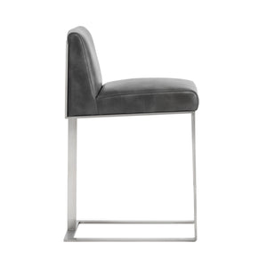 Sunpan Dean Bar Stool with Exposed Brass Frame and Luxurious Bonded Leather for Stylish Spaces Stainless Steel / Cantina Magnetite