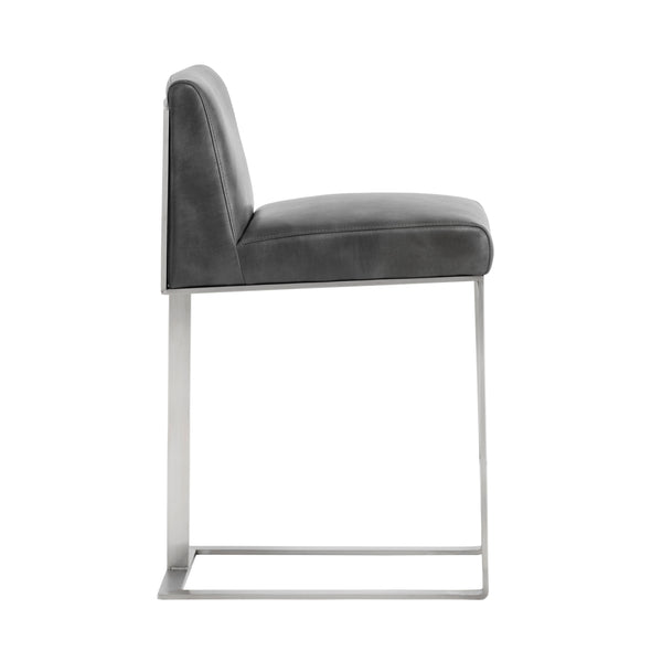 Sunpan Dean Bar Stool with Exposed Brass Frame and Luxurious Bonded Leather for Stylish Spaces Stainless Steel / Cantina Magnetite