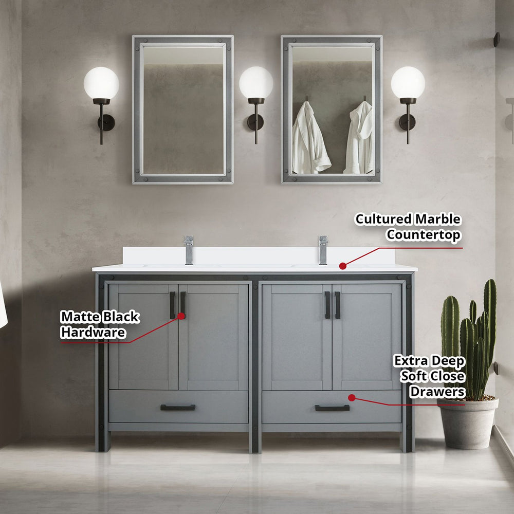 English Elm Dark Grey Double Bath Vanity 60" W x 22" D with Cultured Marble Top, Chrome Faucet & 22" Mirrors Durable B2731S01139