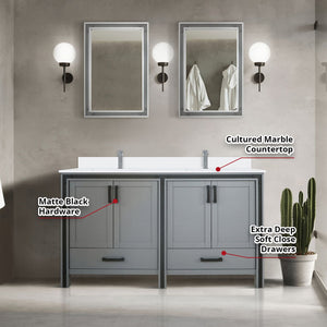English Elm Dark Grey Double Bath Vanity 60" W x 22" D with Cultured Marble Top, Chrome Faucet & 22" Mirrors Durable B2731S01139
