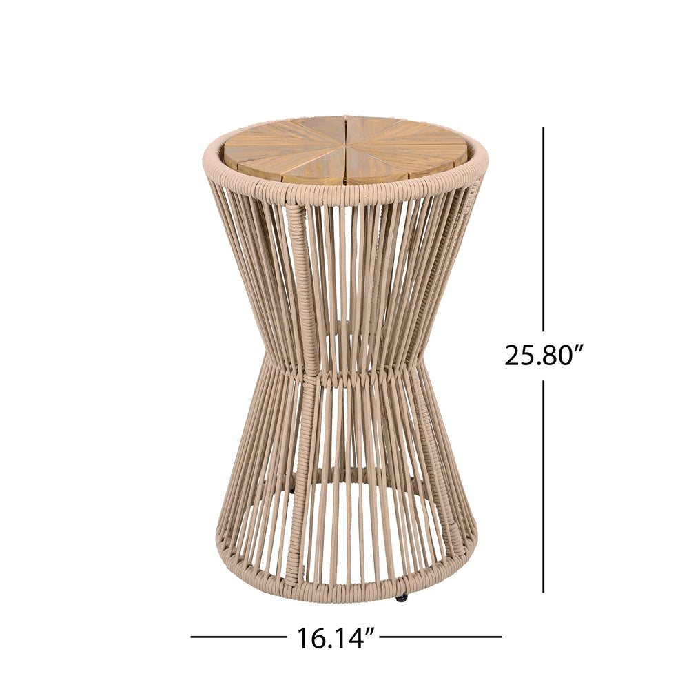 English Elm Outdoor Acacia Wood Top Side Table Woven Rope Iron Frame Hourglass Patio Accent Beige,Light Teak N770P354691L