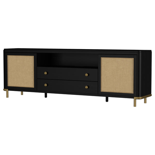 English Elm Benson Wide Rattan Door Media Console with Aged Brass Legs for Modern Living Rooms Black B062P440120