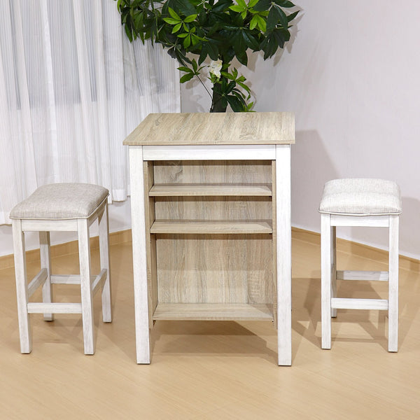 English Elm 3 Piece Counter Height Dining Set with Shelving Cushioned Stools Modern Farmhouse Kitchen Ameican White Oak,Ancient White W2537P369837