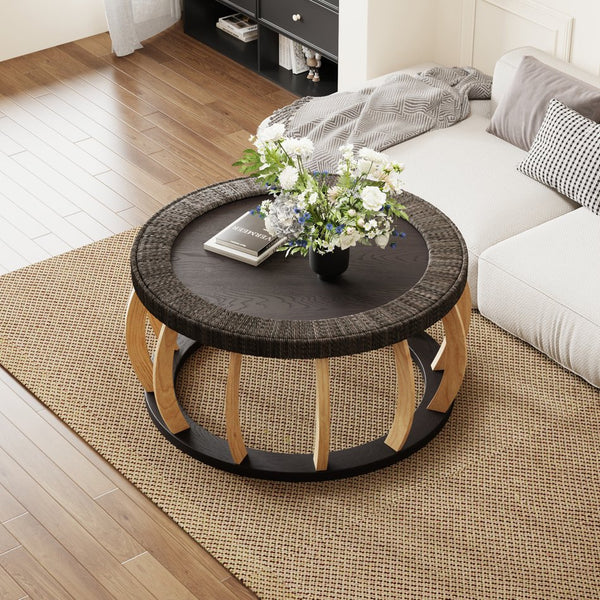 English Elm 35.43"vintage Woven Rattan Round Coffee Table Curved Wood Legs Boho Living Room W757P445115