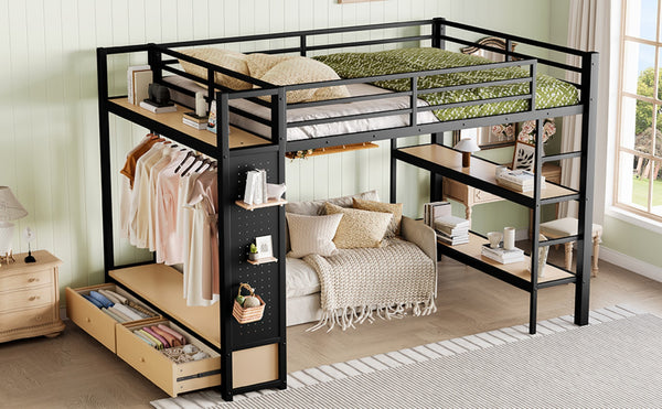 English Elm Queen Loft Bed Frame With Wardrobe & Shelves - Modern Metal Design For Space-Saving Storage & Work W1580S00233-GIGA