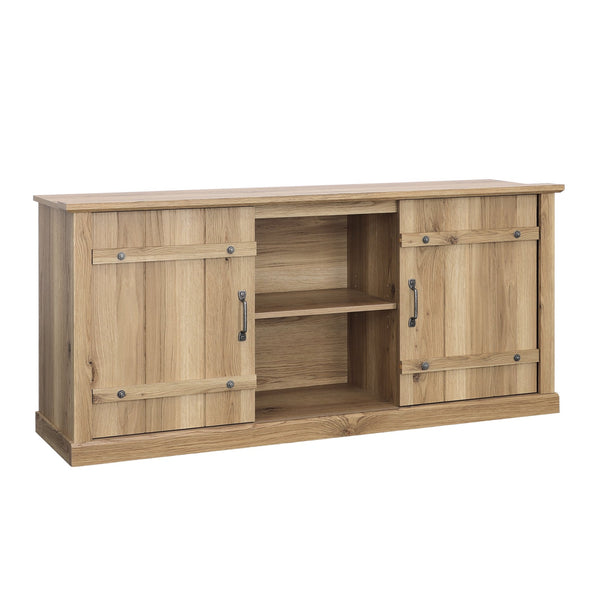 English Elm Credenza, Rustic 70" TV Stand with Sliding Barn Doors, Adjustable Shelves, Cord Management, 62" White Oak B356P354429