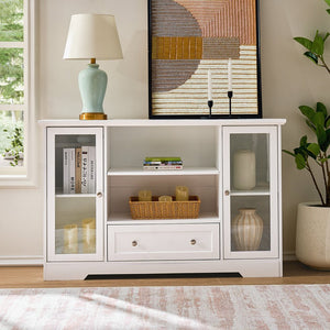 English Elm Sideboard 51" Farmhouse Buffet Cabinet with Glass Doors, Adjustable Shelves, Anti-Tip Storage White Oak W3417P321845