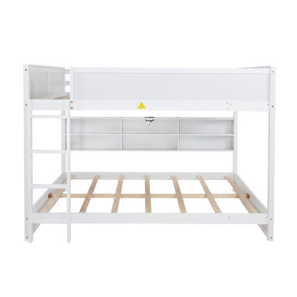English Elm Queen Over Queen Floor Bunk Bed with Built-In Storage Shelves, USB Charging Station, Solid Pine Frame, Safety Rails and LadderDesigned for Space Saving and Modern Bedrooms White W504S00240