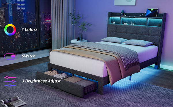 English Elm Full Linen Upholstered Bed with LED Lights, 20W Fast Charging, 2 Drawers & Memory Foam Headboard - Dark Gray W1550P190361