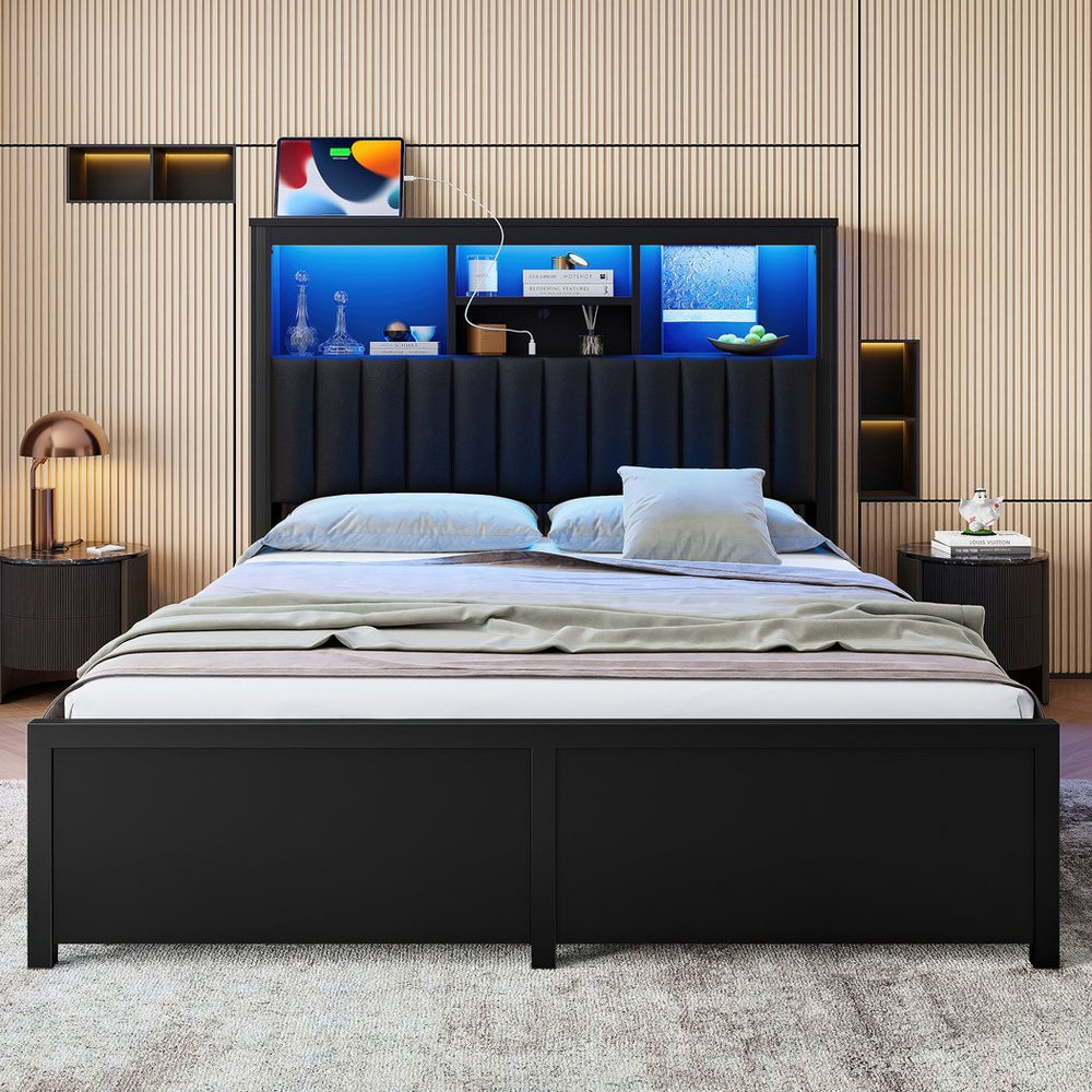 English Elm Queen Storage Bed Frame with Led Lighting Charging Station and Four Under Drawers W1670S00030