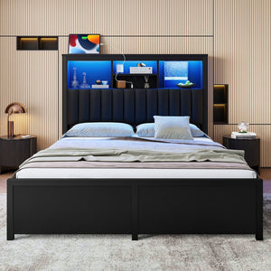English Elm Queen Storage Bed Frame with Led Lighting Charging Station and Four Under Drawers W1670S00030