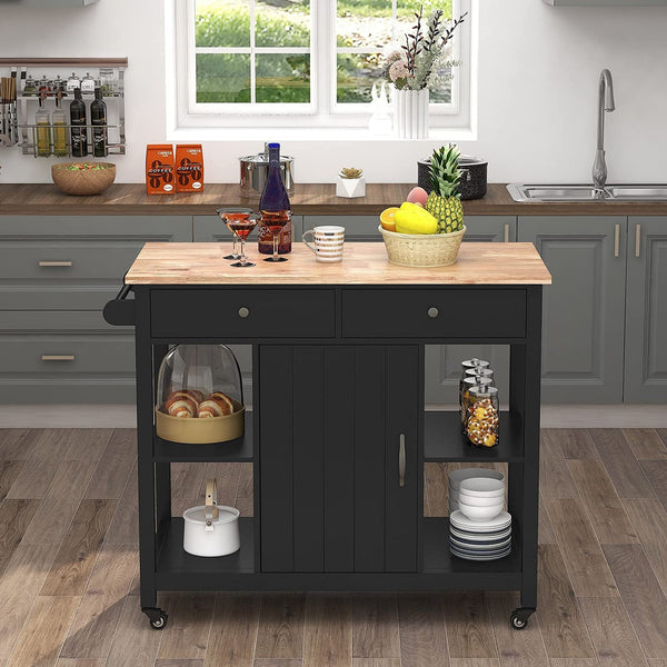 English Elm 40" Kitchen Island Cart with Solid Rubber Wood Top, Locking Casters, Drawers & Towel Rack Black T3771P372625
