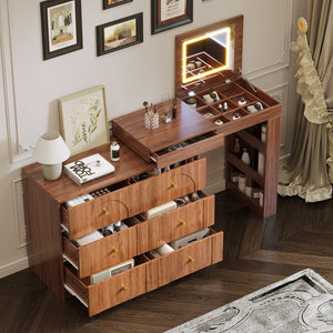 English Elm Vanity LED Mirror Desk with Flip-Top Dual Function, 7 Drawers & Multiple Shelves for Organized Glam Walnut 47.24 L x 19.69 W x 6.5 H N733S363650H