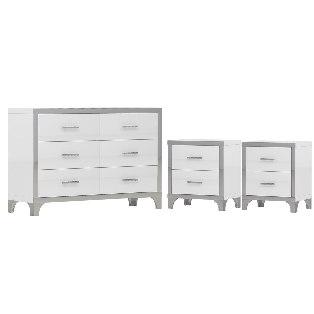 English Elm 3-Pieces Modern Dresser and Two Nightstands with Mirrored Trim, Metal Handles, Spacious Storage White 55.71 L x 19.29 W x 10.63 H N733S205355K