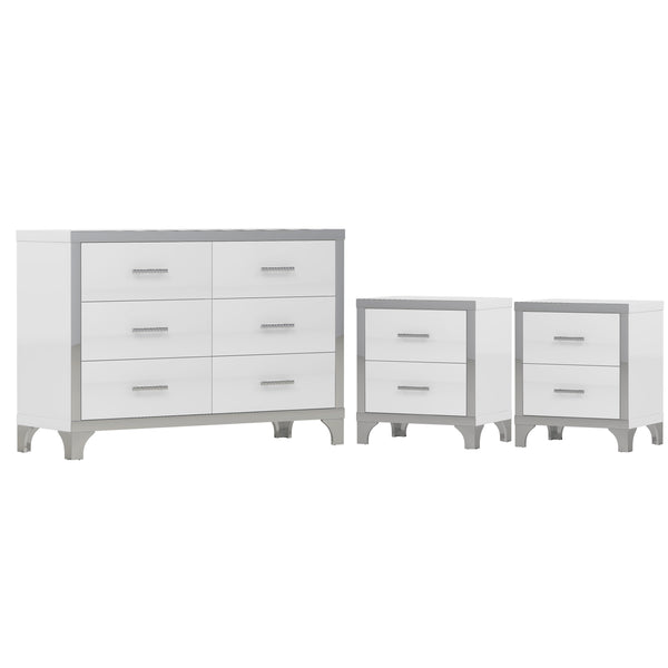 English Elm 3-Pieces Modern Dresser and Two Nightstands with Mirrored Trim, Metal Handles, Spacious Storage White 55.71 L x 19.29 W x 10.63 H N733S205355K