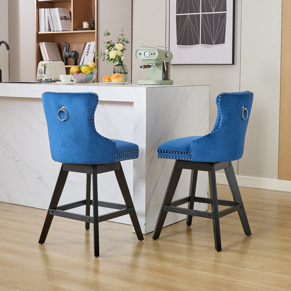 English Elm Swivel Velvet Barstool with Tufted Back, 360° Swivel, Plush Foam & Steel Spring Seat, Sturdy Wood Frame (Set of 2) Blue W1143P241331