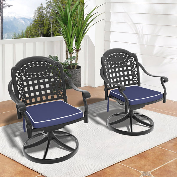 English Elm Cast Aluminum Patio Swivel Chair Set - 2Pcs Black Frame With Stylish Blue Cushions For Comfort W1710S00412