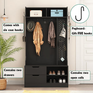 English Elm Hall Tree with Bench Six Hooks Open Shelves Matte Black Mdf Entryway Organizer W1321P444289