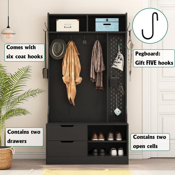 English Elm Hall Tree with Bench Six Hooks Open Shelves Matte Black Mdf Entryway Organizer W1321P444289