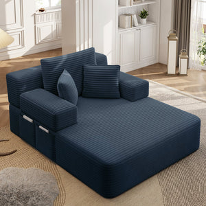English Elm Luxurious Corduroy Convertible Chaise Lounge Sofa Bed with Storage and Coil Spring Foam Blue W3219P483087