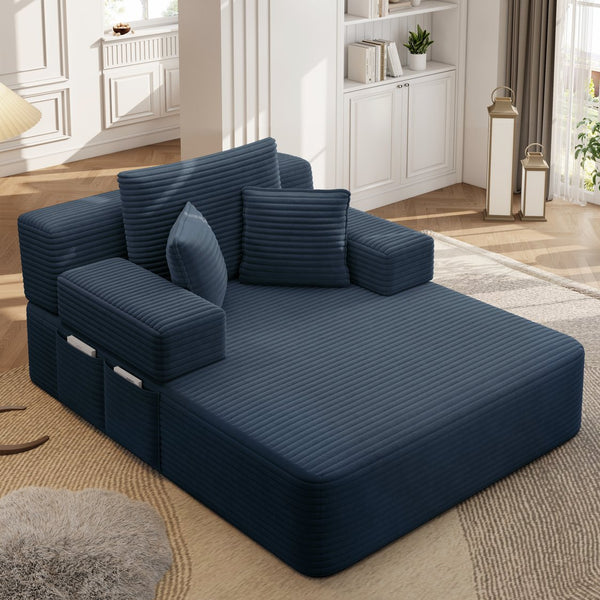 English Elm Luxurious Corduroy Convertible Chaise Lounge Sofa Bed with Storage and Coil Spring Foam Blue W3219P483087