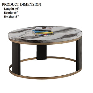 English Elm Contemporary Round Cocktail Table With Marble Top, Gold Accents & Wooden Legs For Modern Living Spaces B2741P395327