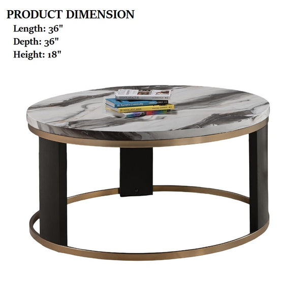 English Elm Contemporary Round Cocktail Table With Marble Top, Gold Accents & Wooden Legs For Modern Living Spaces B2741P395327