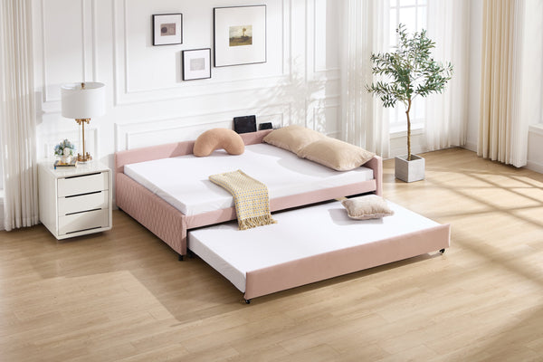 English Elm Upholstered Velvet Daybed with Pull Out Trundle Diamond Tufted Guest Bedroom Sofa Pink W1361S00066