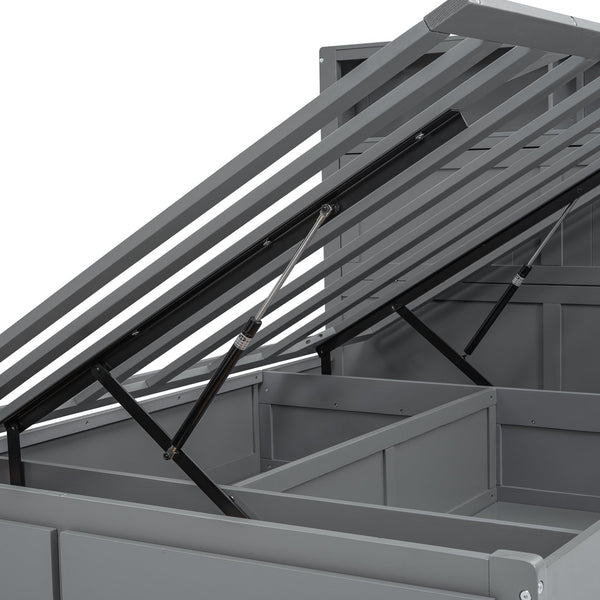 English Elm Wood Queen Size Hydraulic Platform Bed with LED Headboard, Charging Station, Hidden Storage Drawers and Shelves Gray GX000372AAE