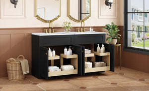English Elm 60'' Bathroom Vanity Set With Ceramic Sink, Black Freestanding Cabinet, Gold Handles & Soft-Close Doors N710SS00005B